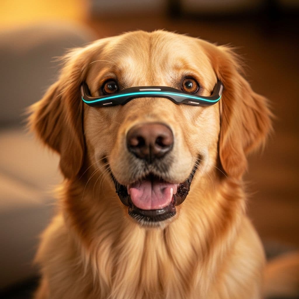 Happy dog wearing a smart translation device - Dog Translate app in action